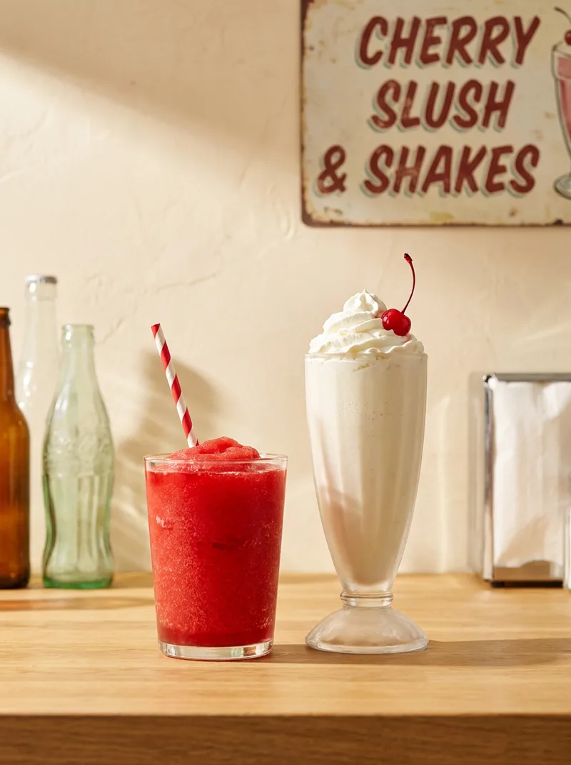 Cherry slush and hand-spun milkshake