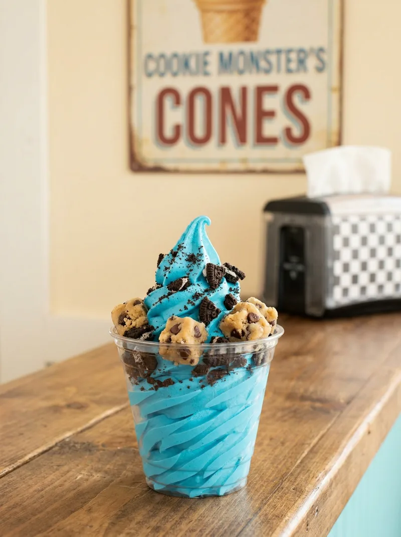 Cookie Monster K-Whip: blue ice cream with cookie dough and Oreo