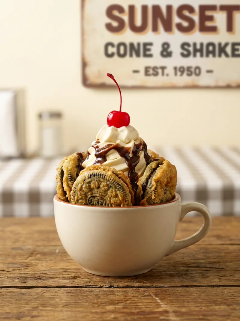 Fried Oreo sundae with soft serve and chocolate drizzle